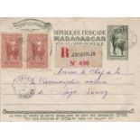 French Colonies 1932 50 cents stationery envelope Registered Ambanja to Diego Suarez - uprated