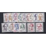 Germany (West Berlin) 1986 Famous German Women u/m mint set less 20 Pf and 60Pf, (18) including high