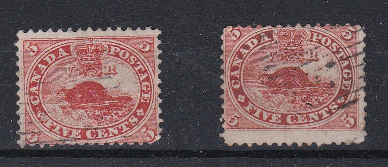 Canada 1859 - 5 cents pale red SG51-and 5 cents deep red SG32 - both fine used