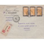 French Colonies Madagascar 1930 Env Registered Tamatave to Bordeaux, commercial entire, fine cover