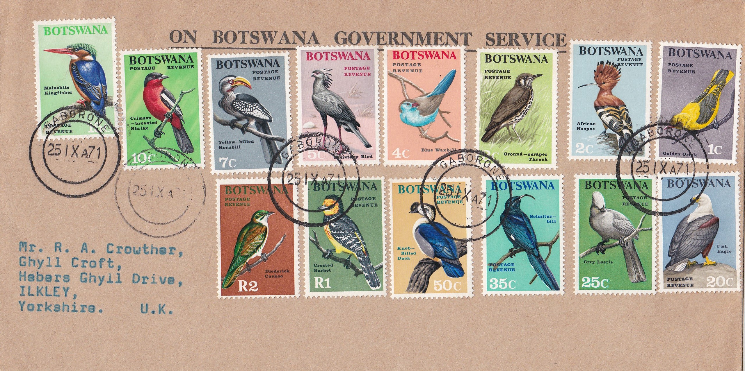 Botswana - 1971 (25th Nov) Birds set 1 cent to 2R fine used on Botswana Government Service Cover,