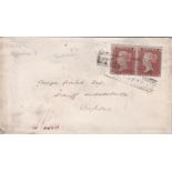 Great Britain 1854 1d Red brown on cover SG 17 pair on cover cancelled 2 strikes Hanover St straight