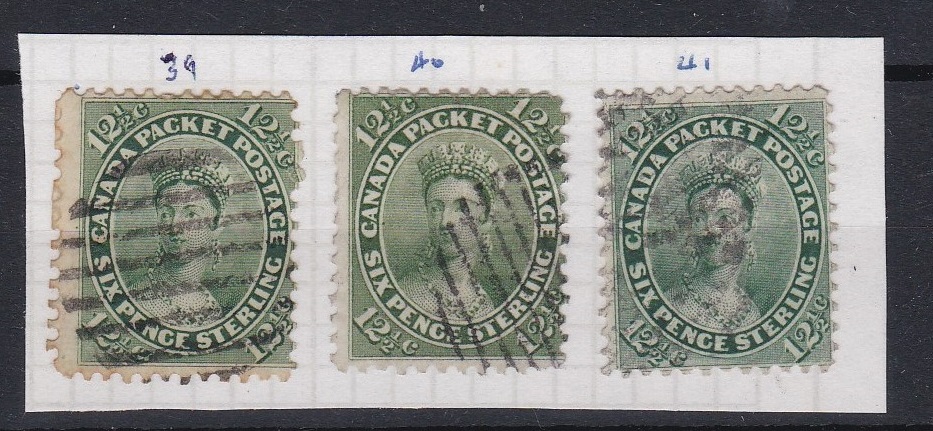 Canada 1859 - 12.1/2 cents, deep yellow-green SG39 and 12.1/2 cents pale yellow-green, SG40, fine