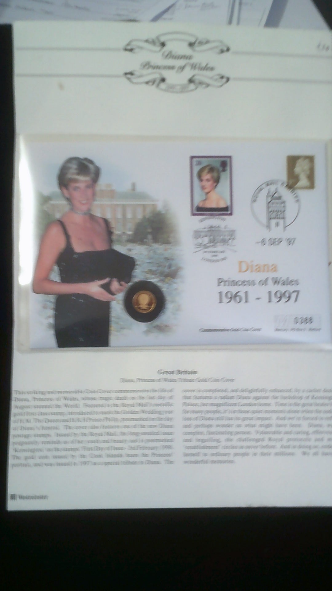 Gold 1988-Cook Islands, 5 dollars Princess of Wales Tribute Gold Coin Cover
