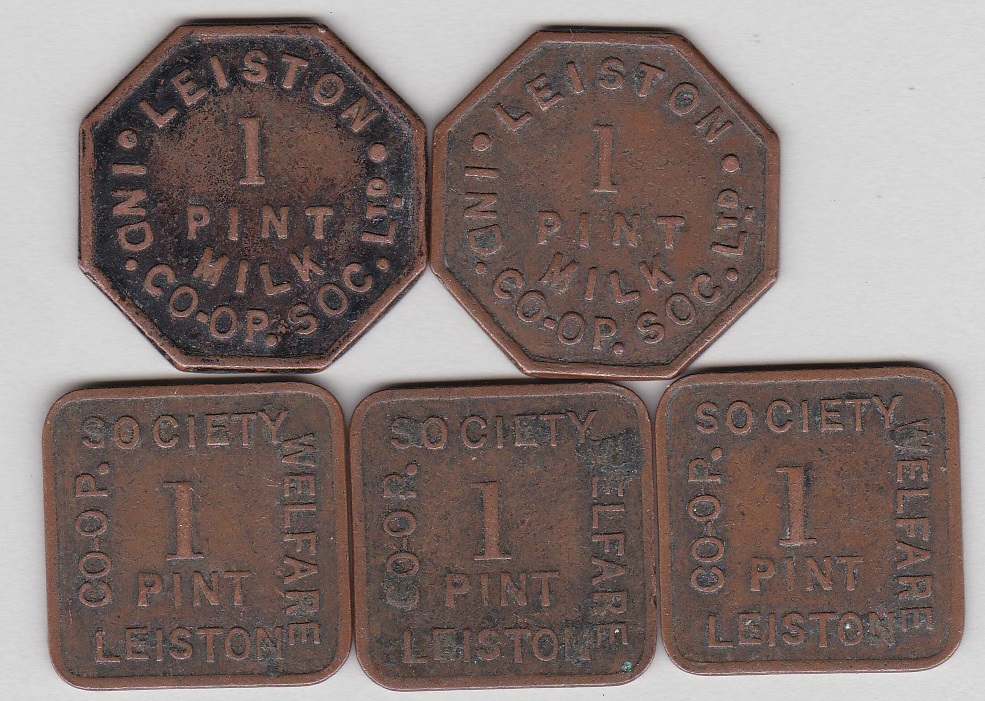 Token-Leiston Suffolk brass 1 pint milk token Leiston co-op (5 in various shapes)