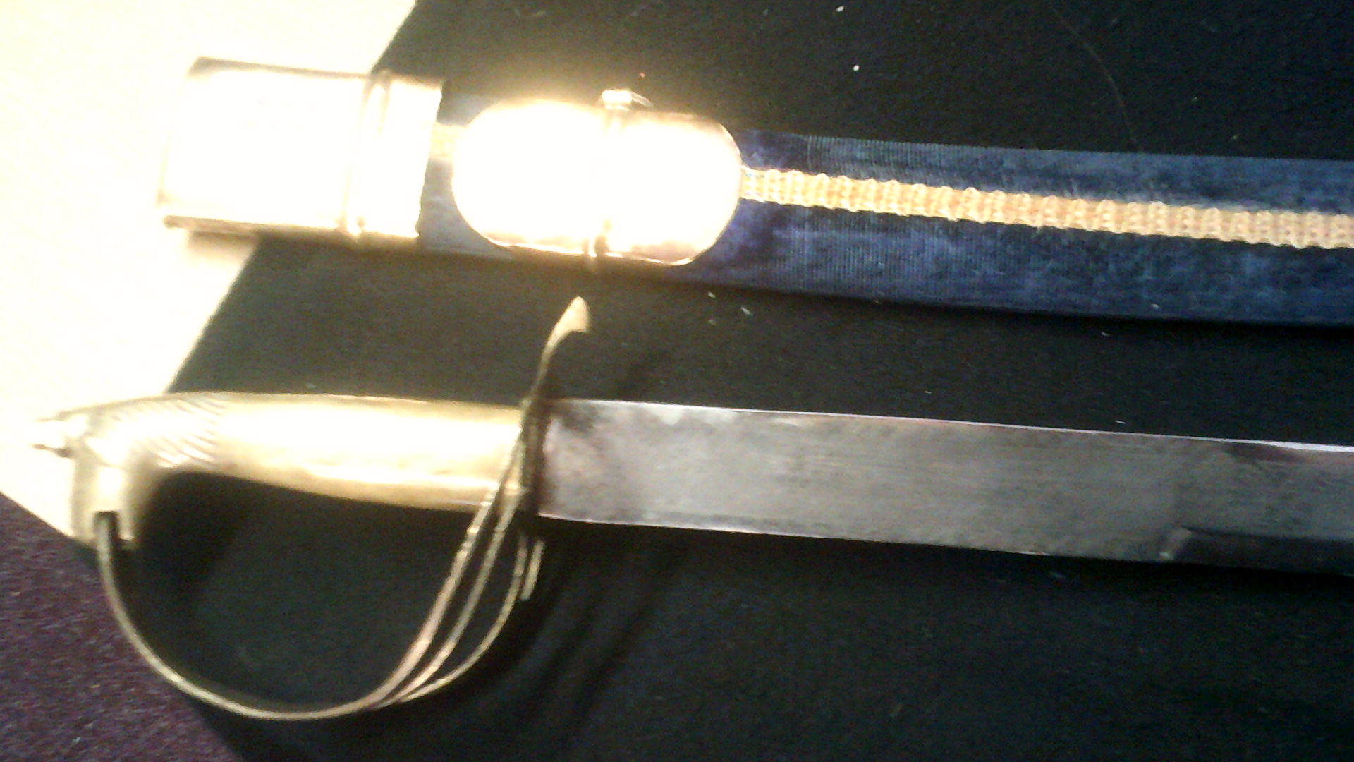 Indian Ceremonial Souvenir Sword with blue velvet scabbard, brass handle with 'Made in India' etched - Image 3 of 3