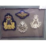 RAF Musicians EIIR Framed Cap and Sleeve badge collection, Staybright and embroidered cloth patches.