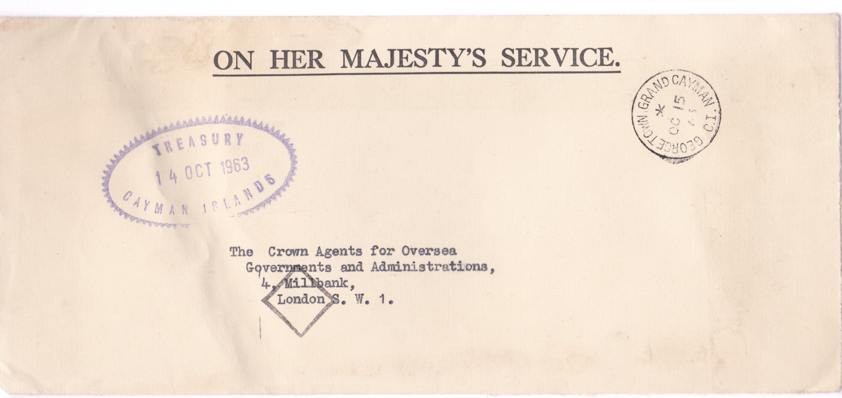 Cayman Islands 1963 - O.H.M.S envelope to Crown Agents, Millbank with Grand Cayman C.I. Georgetown