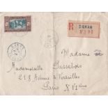French Colonies Senegal 1934 env registered Dakar to Paris, Dakar datestamp and h/s on the back,