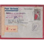 French Colonies Madagascar 1945 censored Airmail Stationery env Majunga to Paris registered Majunga.