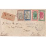 French Colonies Madagascan 1933 Env registered Port Dauphin (No. 008) to Brest Finistere. Fort