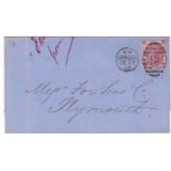 Great Britain 1868 env London to Plymouth with 3d Rose Plate 5, complete London 100 Duplex
