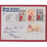 French Colonies Madagascar 1945 Airmail env registered Mananury to Taza (Morocco) uprated with 8Fr