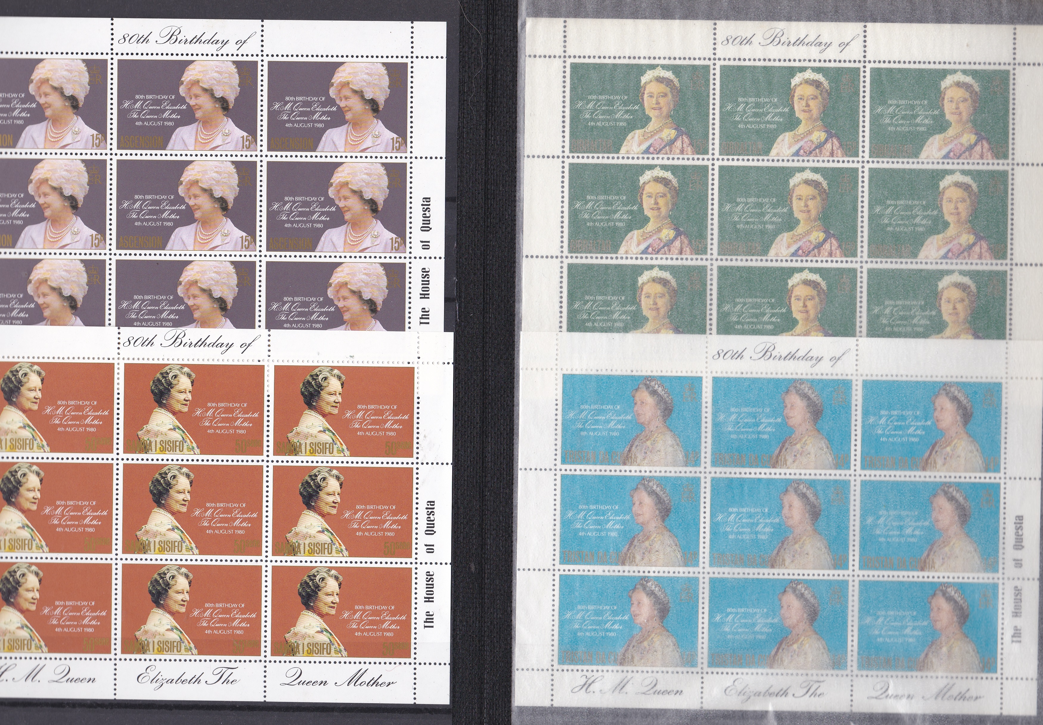 Royalty - Unmounted mint issues H.M. Queen Mother's 80th Birthday sets, min sheets. Bargain price!