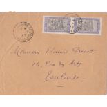 French Colonies Madagascar 1927 env Tanan to Toulouse with pair 25c adhesives, Tanan cds