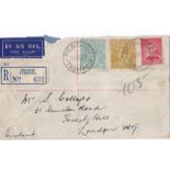 Australia 1937 - Env Airmail, Registered Penguin Tasmania to London KGV 4d olive + 1s4d with 1d KGVI