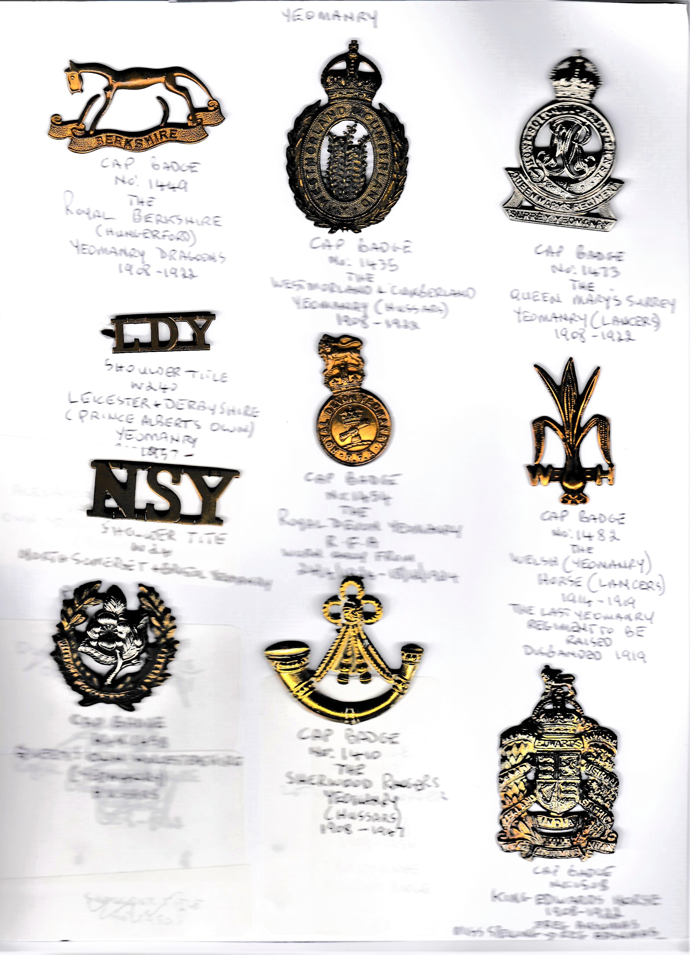 British Yeomanry Cap Badges (8) and Shoulder Titles (20) including: Royal Berkshire (Hungerford),