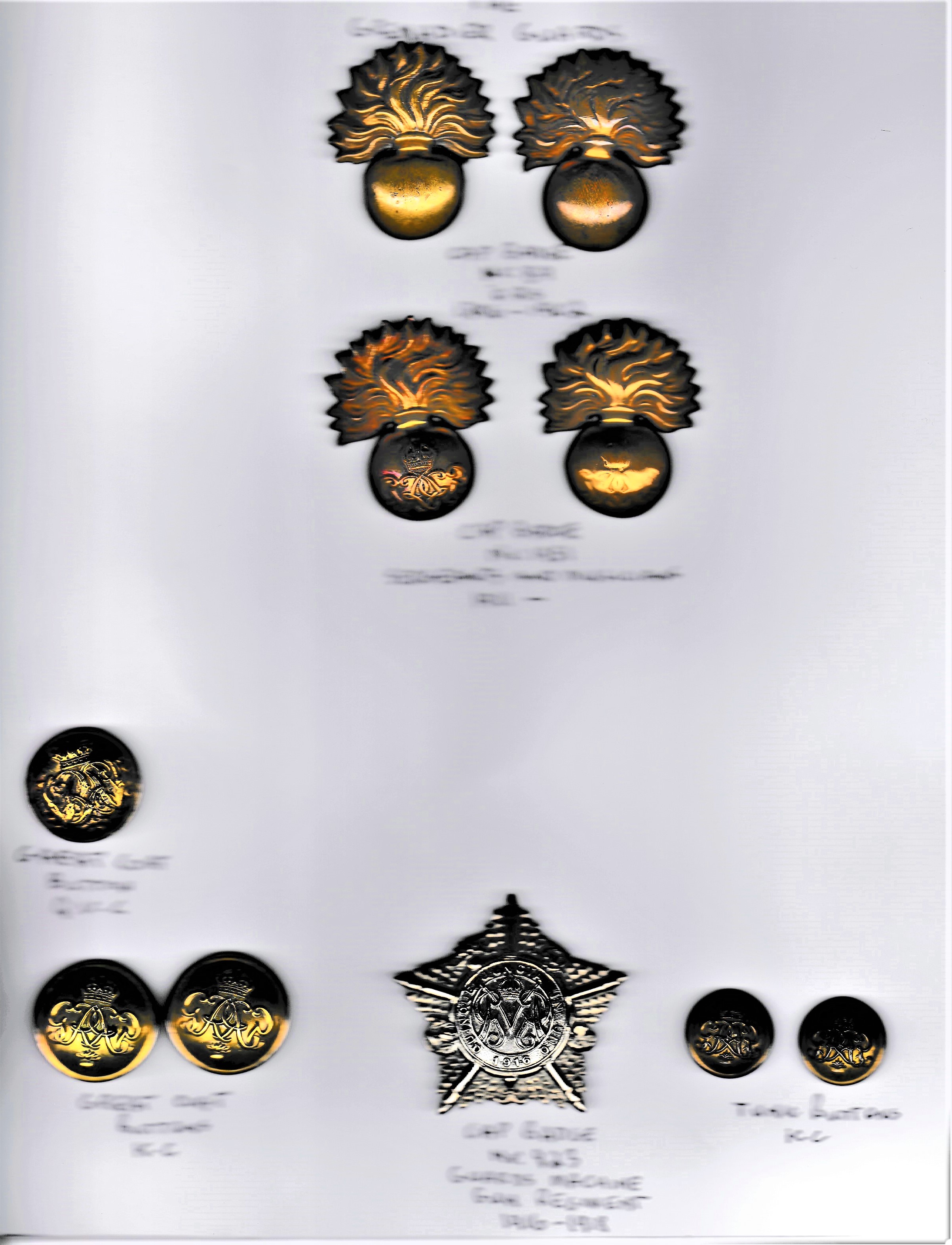 Grenadier Guards Cap Badges (5) two Service issue and two Sergeants and Musicians Cap Badges with - Image 2 of 2