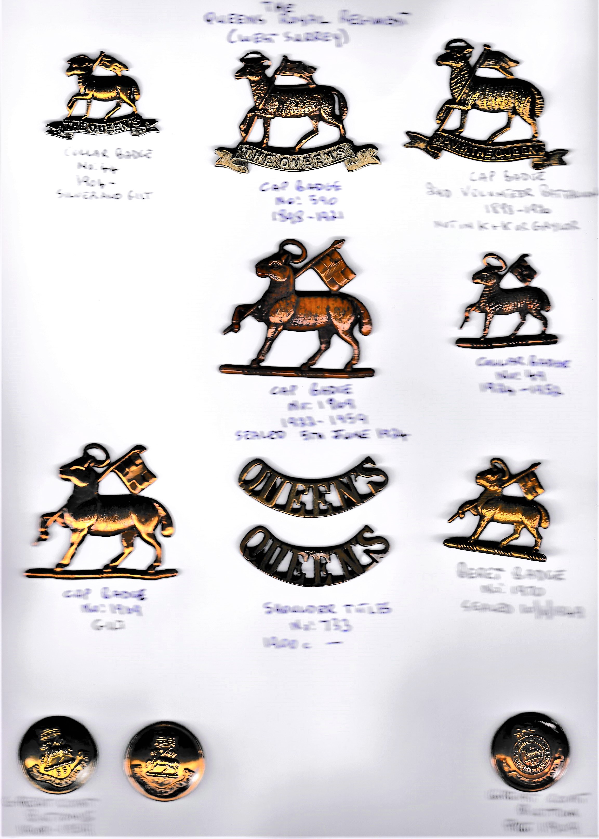 The Queen's Royal (West Surrey) Regt Badge Collection including: The Queen's Cap Badge 1898-1921 ( - Image 2 of 2