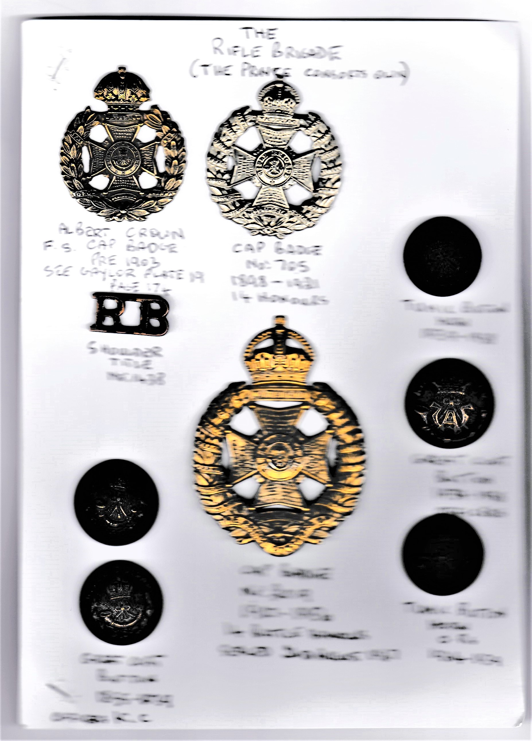 The Rifle Brigade (The Prince Consorts Own) Regiment Cap Badges, Shoulder Title and Buttons. K&K: - Image 2 of 2