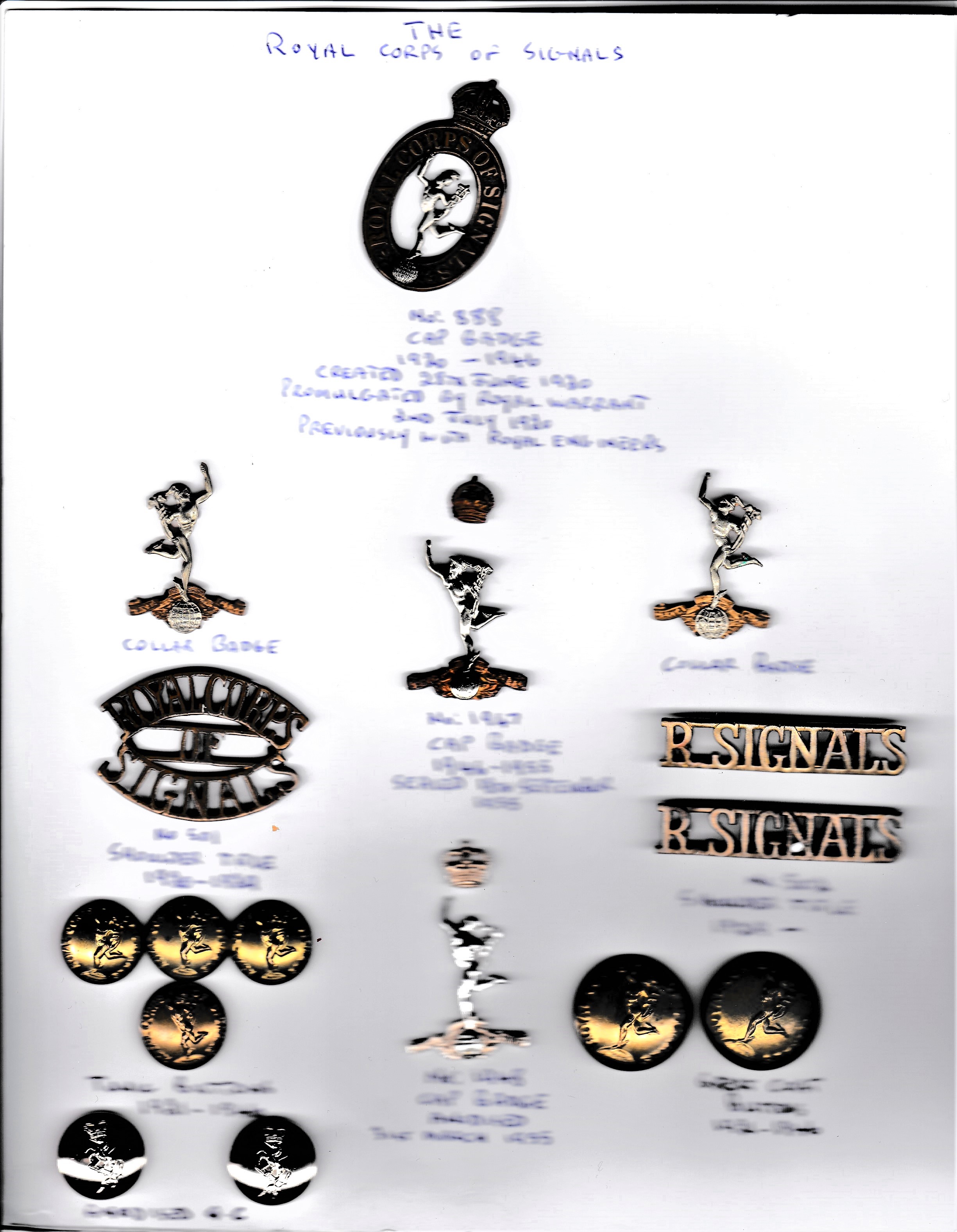 The Royal Corps of Signals Collection on a sheet including: K&K: 888 WWII Cap Badge (Bi-metal),