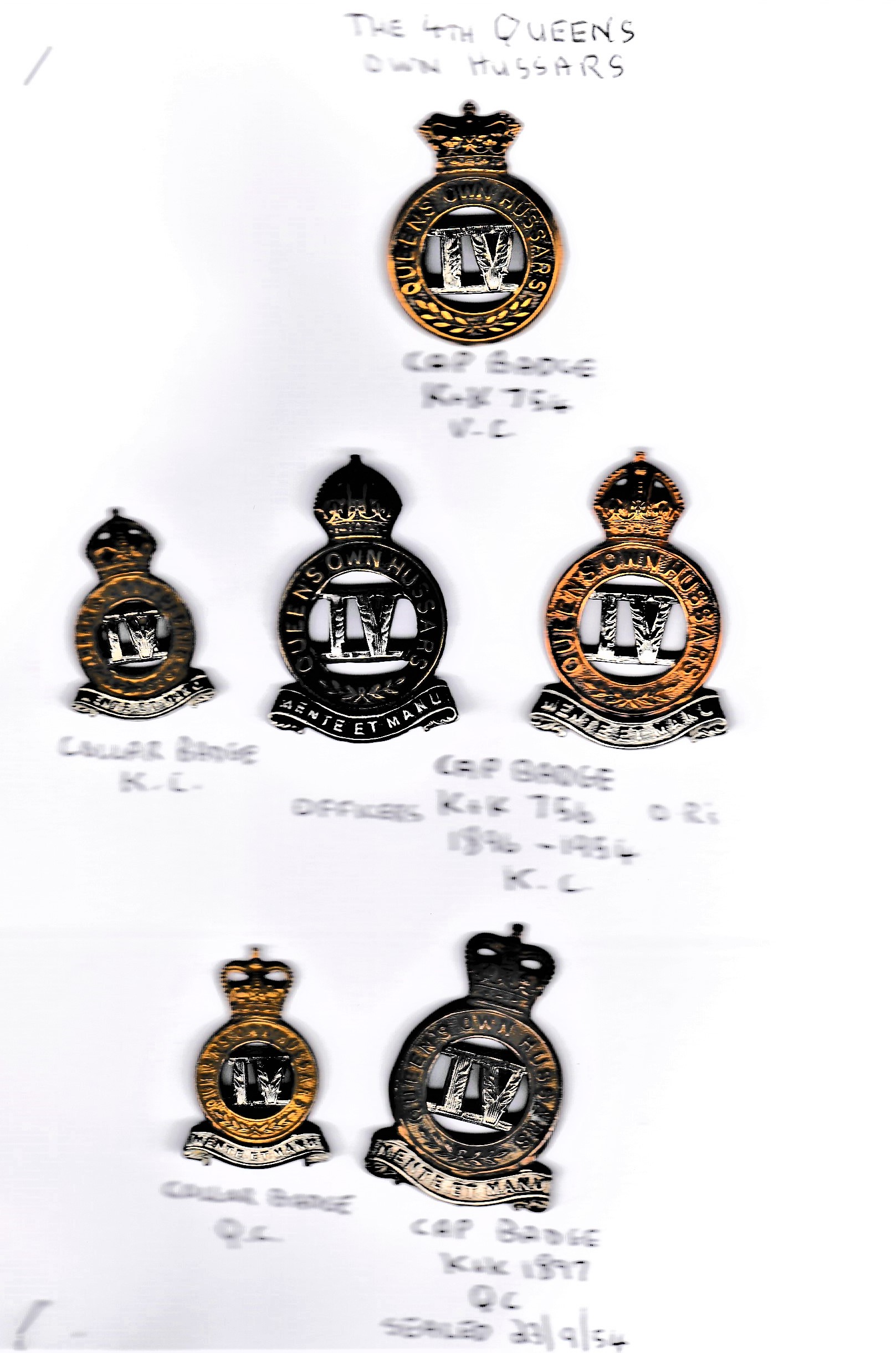 4th Queen's Own Hussars QVC, KC and EIIR Cap Badges (4) with a KC and a QC Collar. (Bi-metal). K& - Image 2 of 2