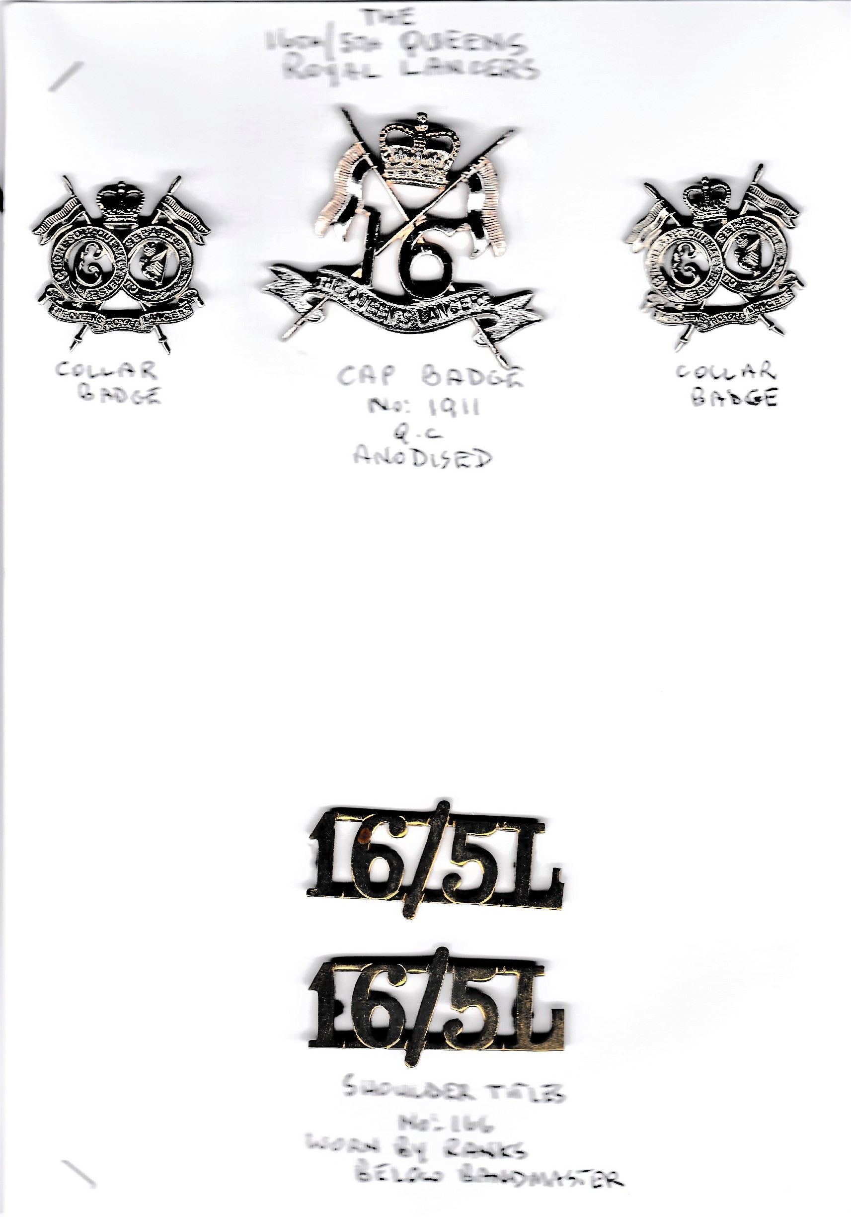 16th/5th Queen's Royal Lancers EIIR Cap Badge and Collar Badges (Anodised and White-metal) K&