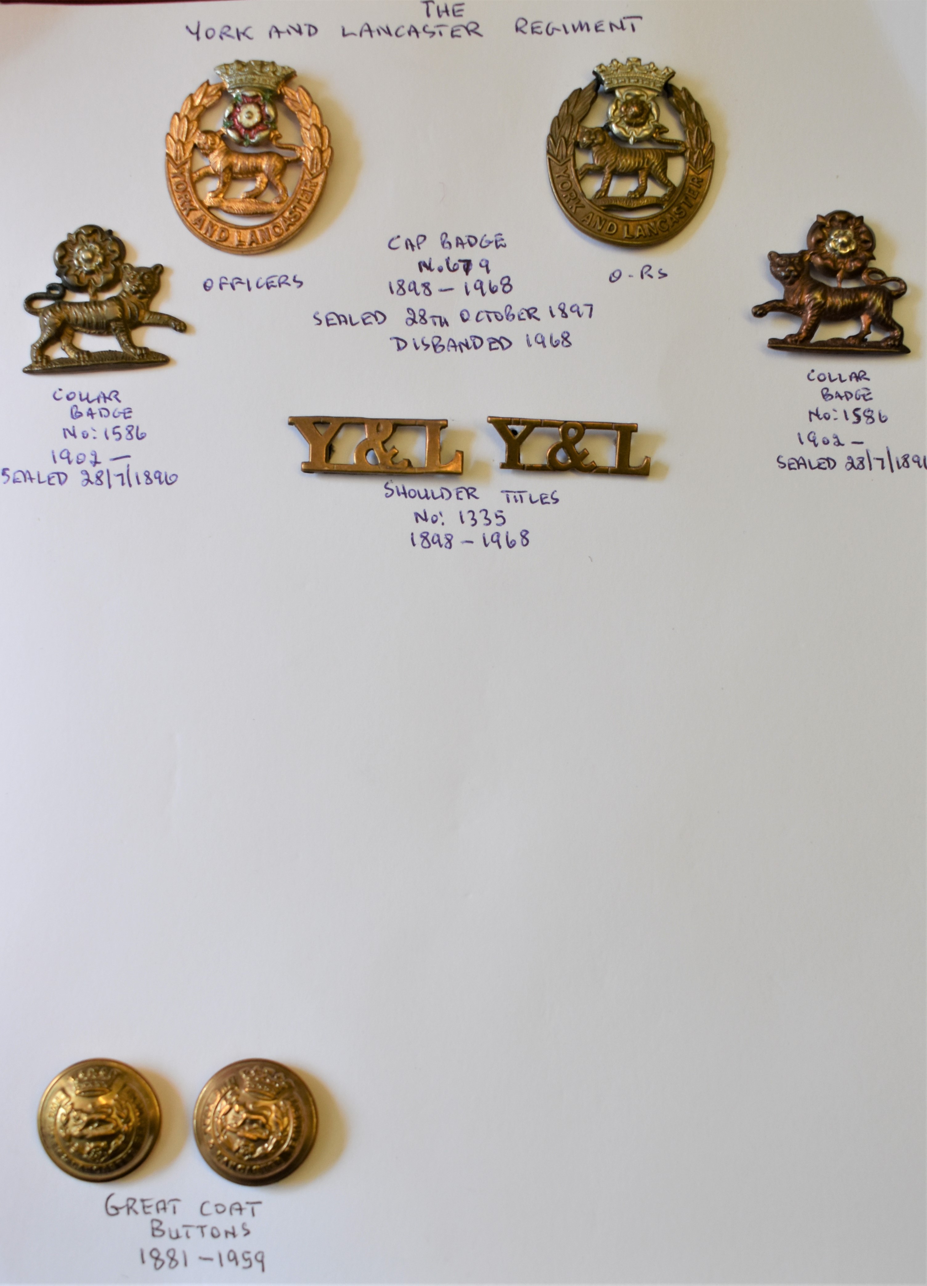 York and Lancaster Regt Officers and O.R's Cap Badge with Officers Collar Badges with Shoulder