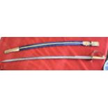 Indian Ceremonial Sword made as souvenirs with a blue velvet scabbard. Excellent etched blade