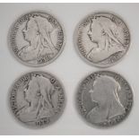 1893, 1894, 1896 and 1897 Victoria 'Old Veiled Head' Halfcrowns, N/F to Fine (4)