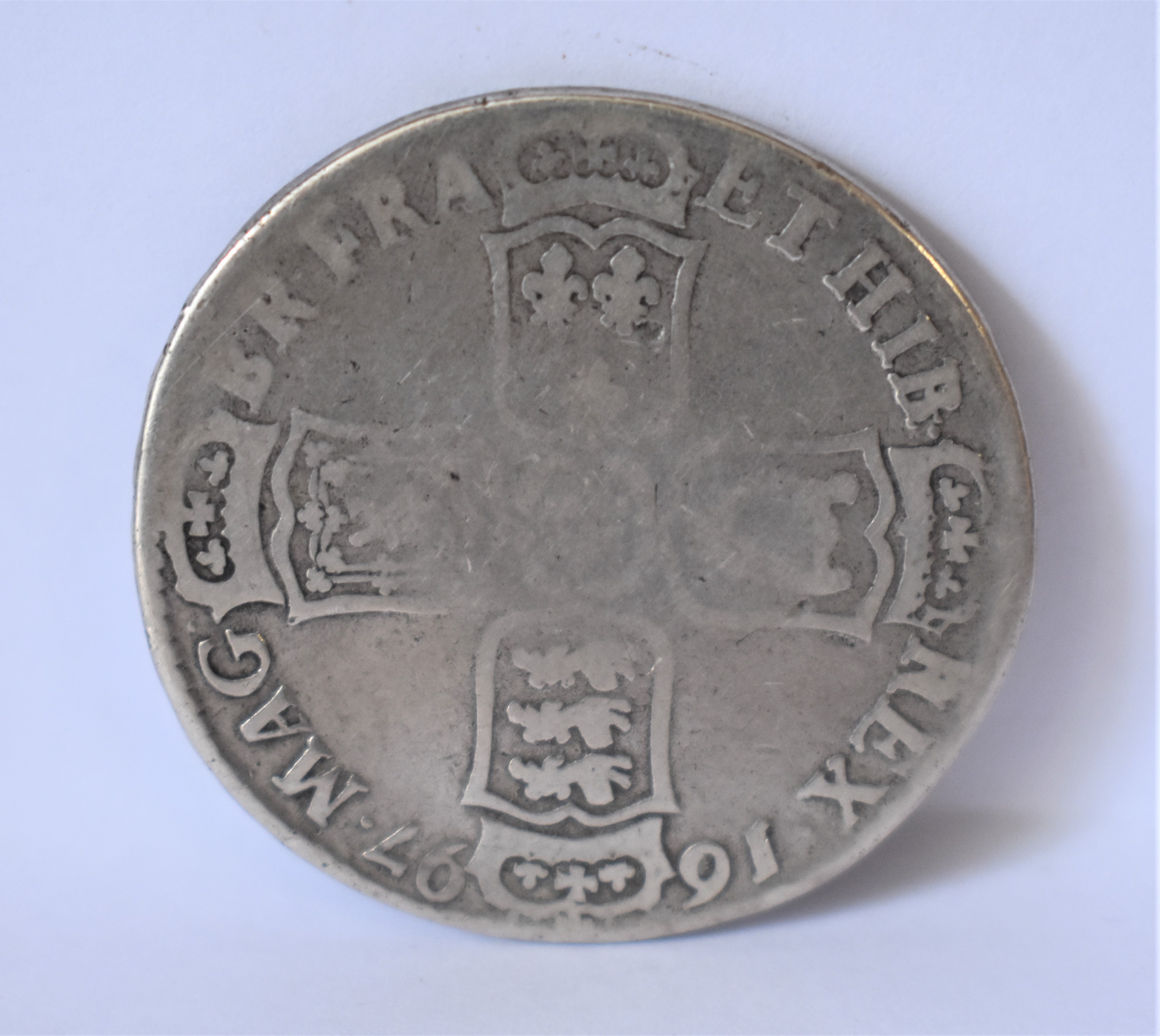 1697 B (Bristol Mint) William III Halfcrown, large Shields, NONO, VG - Image 2 of 2