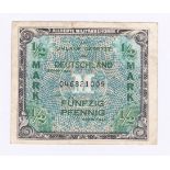 Germany - 1944 Half Mark Allied Occupation World War II, Ref: P191a with 'F', Grade GVF.15