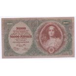 Austria - 1922 50,000 Kronen, P80, AVF. Centre top tear.