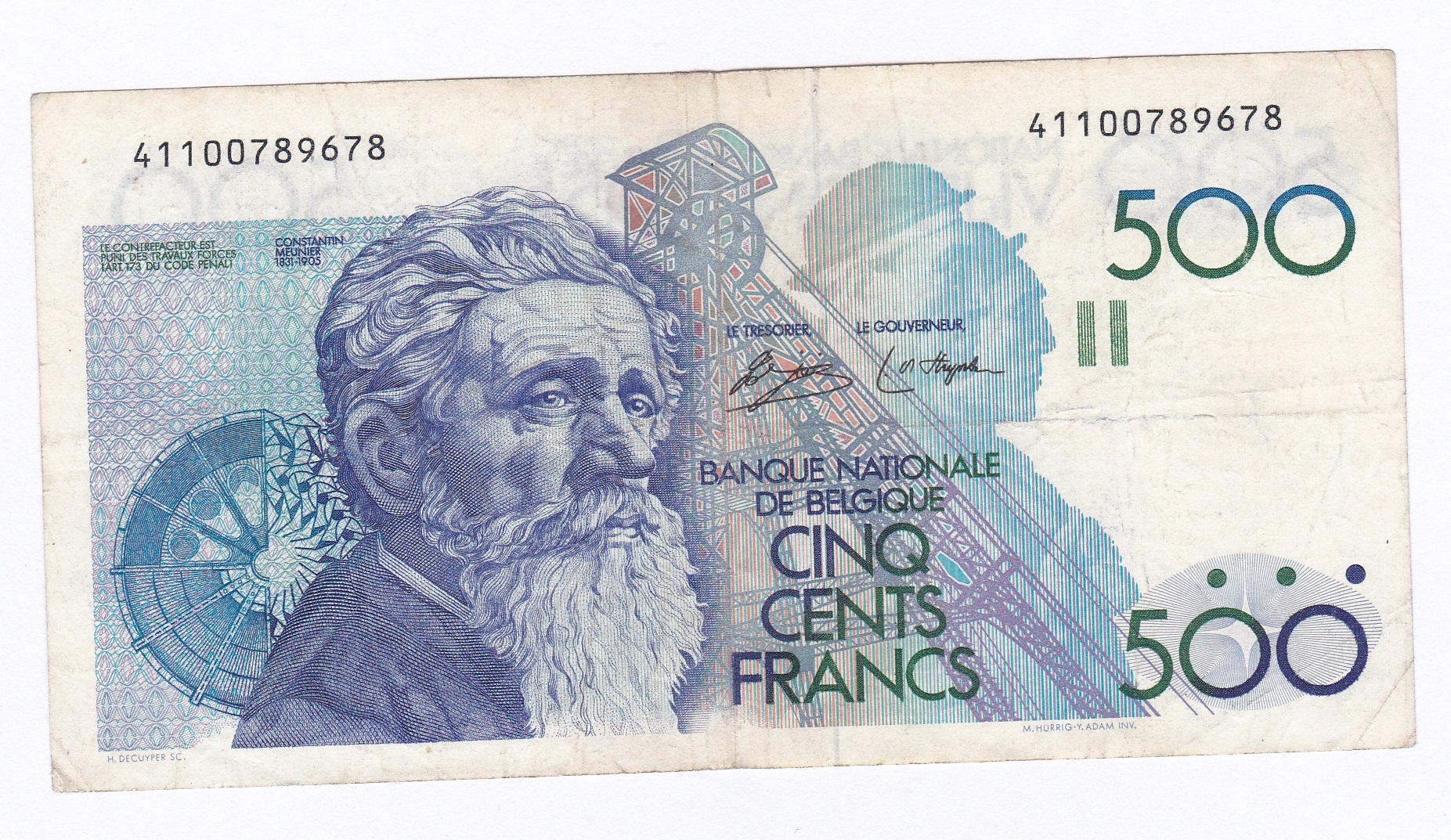 Belgium - 1980/81 500 Francs, Constantin Meunier, P141, Grade VF. Signature on face only.