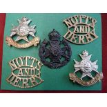 Notts + derby cap badges (2) - pair shoulder titles (W1200) and 7BL Robin Hoods cap badge