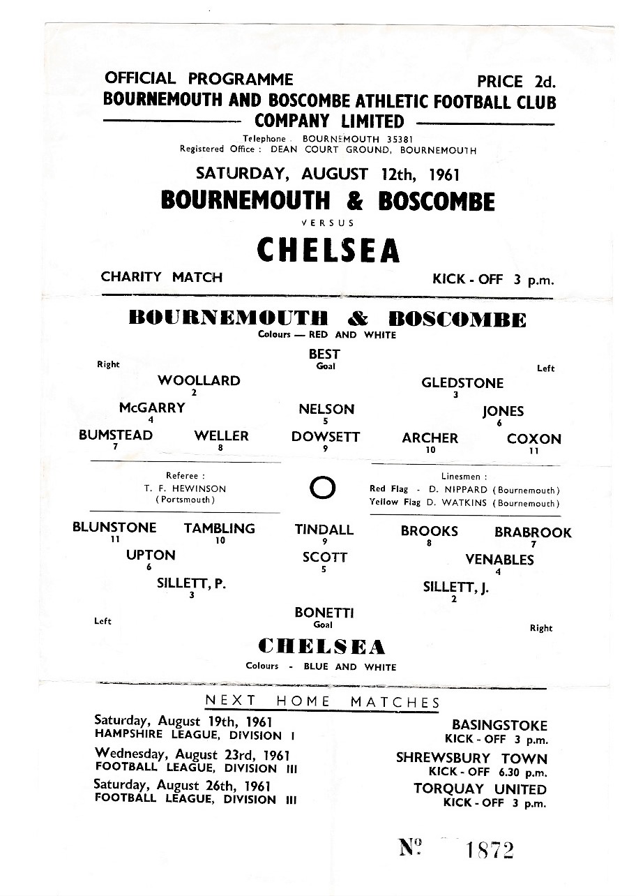 Bournemouth & Boscombe v Chelsea 1961 August 12th Charity Match horizontal & vertical creases