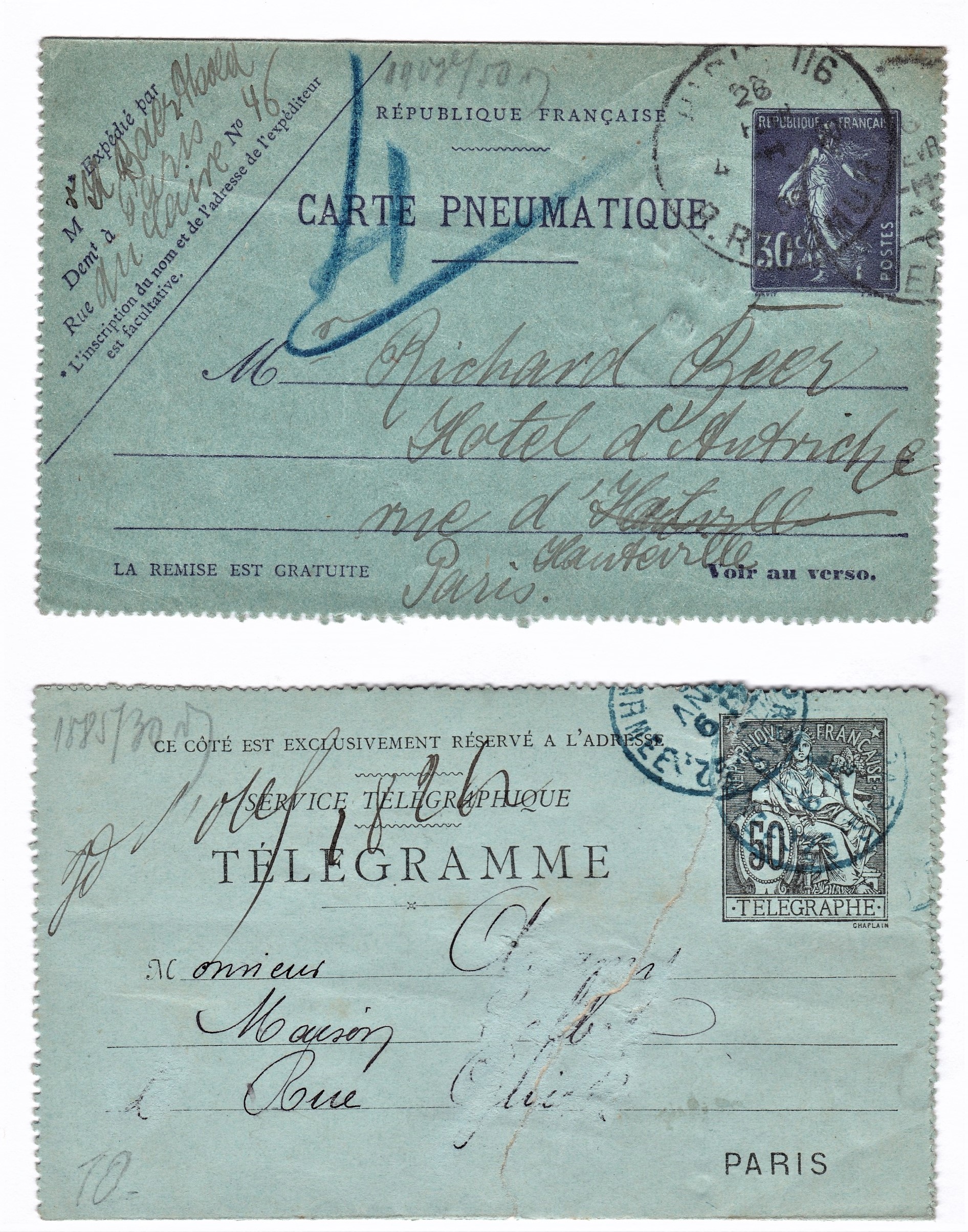 France 1895-1909 - pre paid Michel RK8 Paris telegramme post cards cancelled Jan 1895 on 50c black