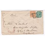 India 1871-Envelope Palamootah to Great Malvern with five India Paid crescent in red