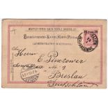 Austria-Levant Post Office 1893-Pre paid Michel P10.b postcard posted to Breslau cancelled 25.1.1893