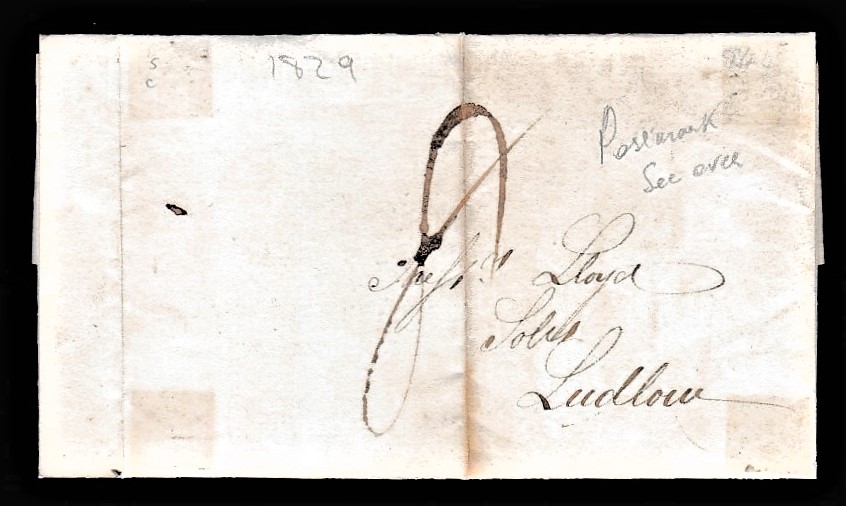 Staffordshire - 1829 Wrapper - Wolverhampton (back datestamped) '123' to Ludlow. Ms '8' rate central