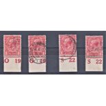 Great Britain 1912-1d red S019 controls (2) and 1d red S22 controls (2) fine used (4)