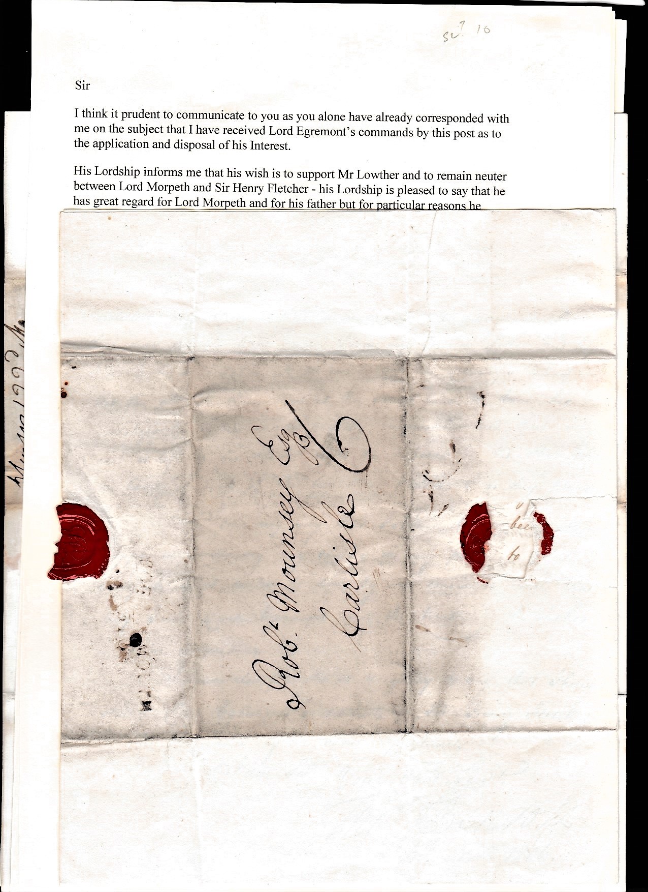 Cumbria 1806-EL Cockermouth to Carlisle Lord Egremont & lord Morpeth contents, votes in the House of