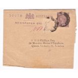 South Australia 1885-pre paid newspaper wrapper posted to London, cancelled on 1/2d purple postage