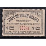 USA 1950 - South Dakota resident Waterfowl stamp, Scott 2a mint, horizontal safety paper - Value £