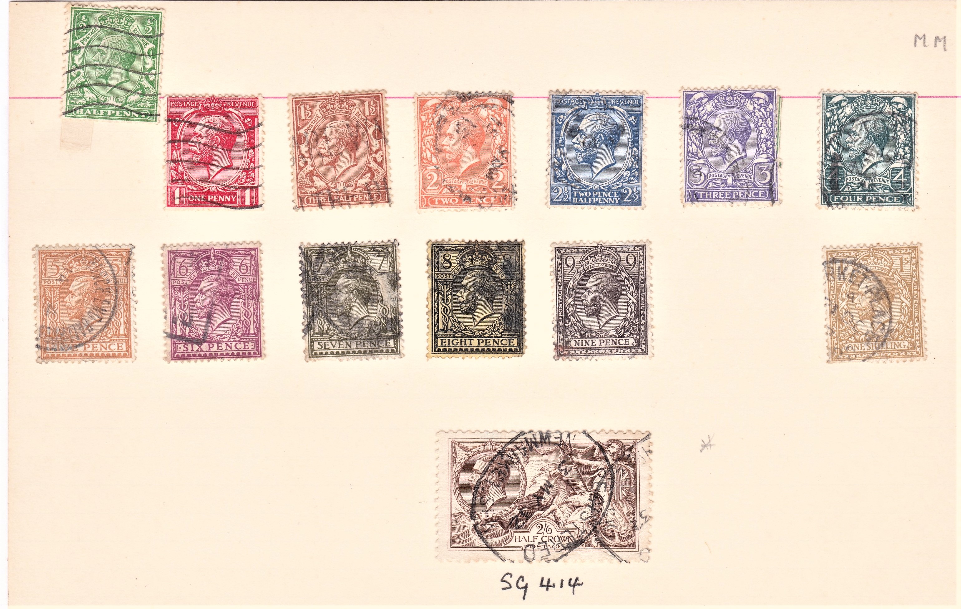 Great Britain 1918 - 2s6d Bradbury Seahorse, SG414 lightly cancelled, and definitive to 1/-