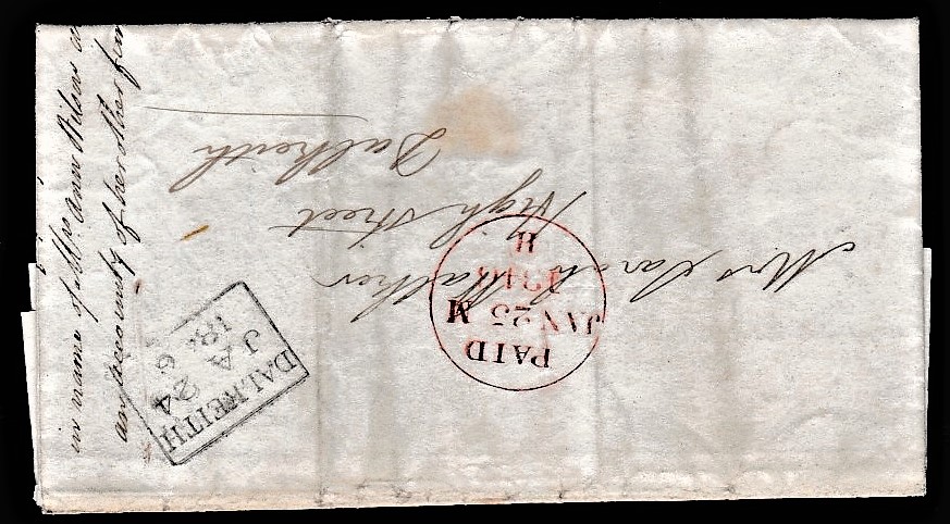 Scotland 1846 EL Edinburgh - Dalkeith, (red) paid Edinburgh strike & (2) rectangular Dalkeith