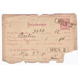 Austria 1891 - pre paid telegramme form for a telegramme to Berlin dated 9.7.1891 5K red postage