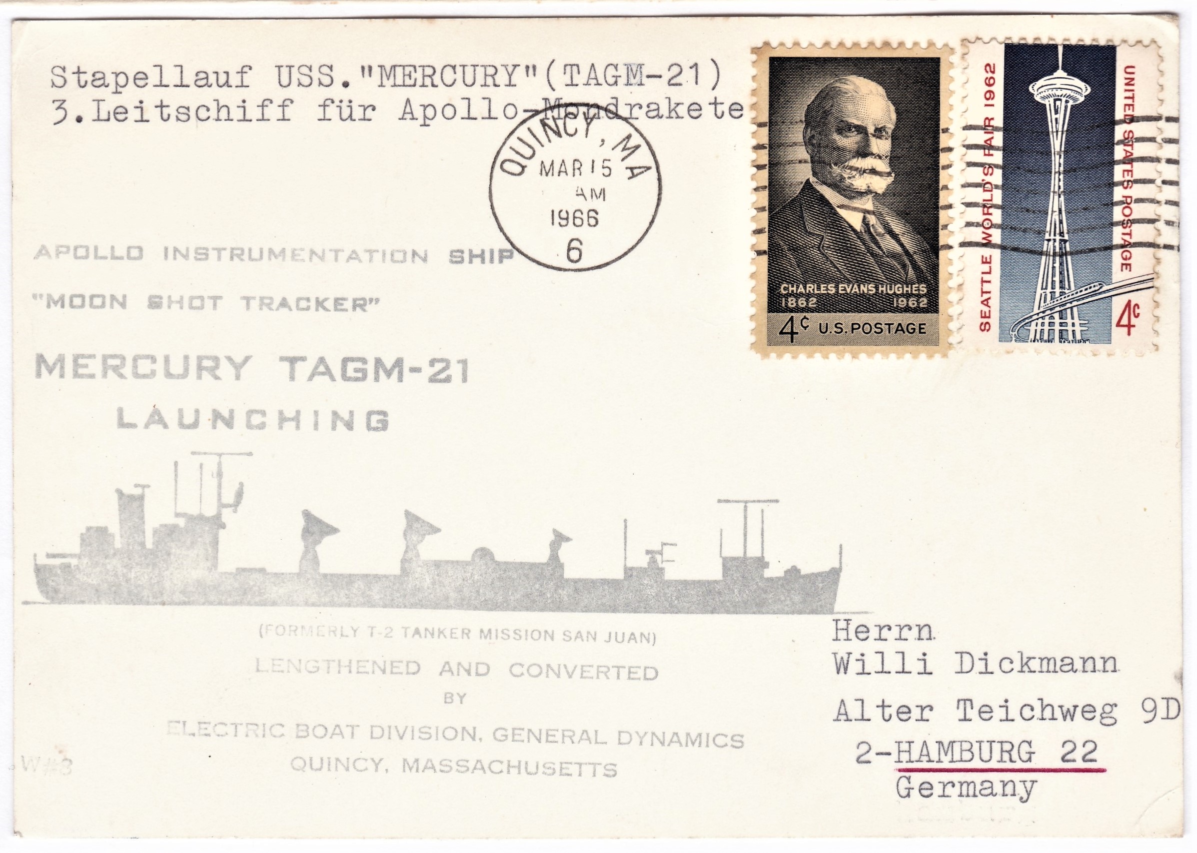 Space + Rocket Mail-card issued by General Dynamics electric boat division for the Apollo rocket