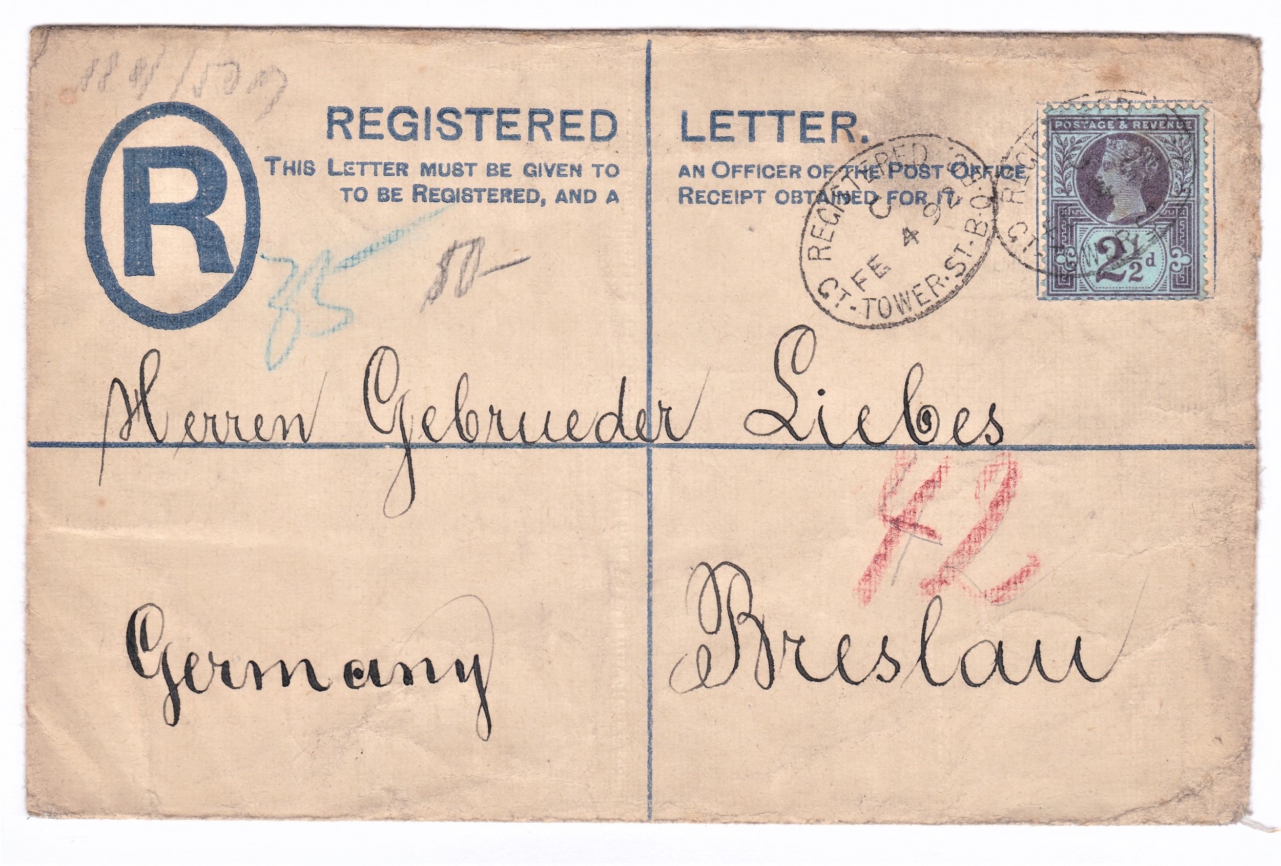Great Britain 1892 - Regisitered letter envelope with 2d blue registration fee posted to Breslan
