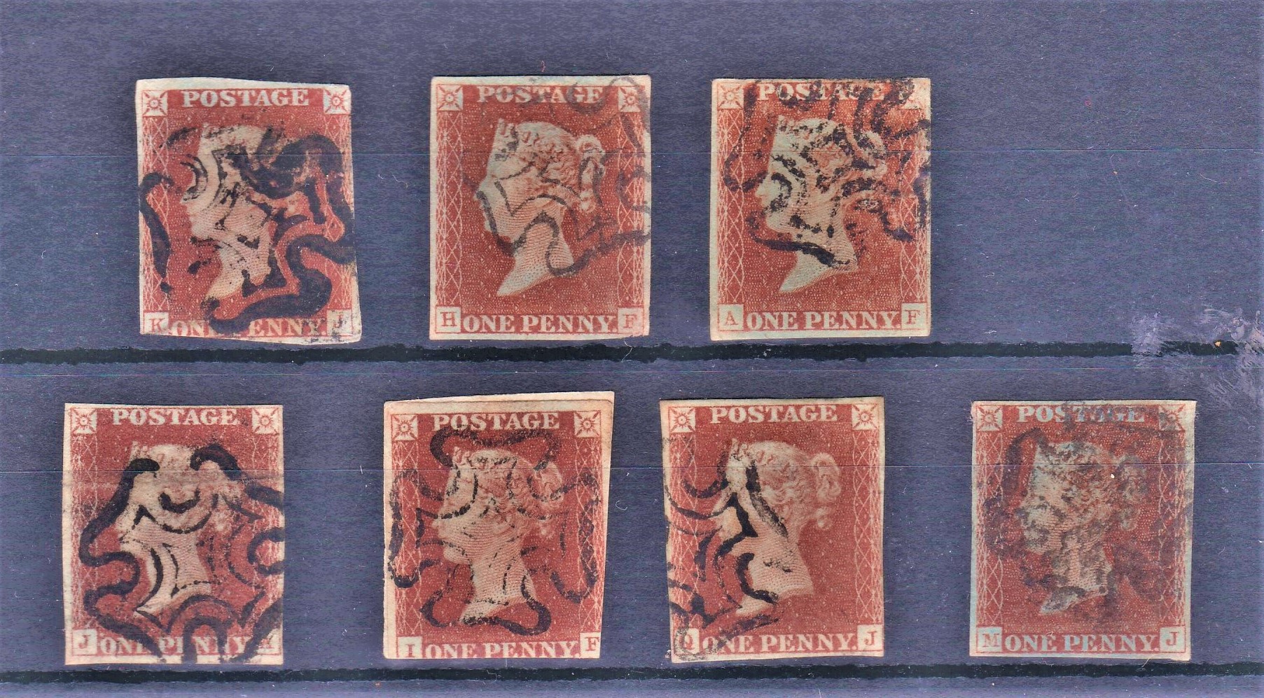 Great Britain 1841 - Penny red-brown, fine range with Maltese cross cancellations, several four